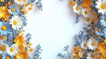 Colorful flower arrangement frame with blue and yellow flowers on white background photo