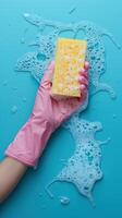Person holding yellow sponge in pink glove with soap bubbles on blue background photo