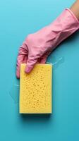 Hand in pink glove holding yellow sponge with water droplets on blue background photo