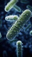 Close-up of vibrant green bacteria under microscope in dark background photo