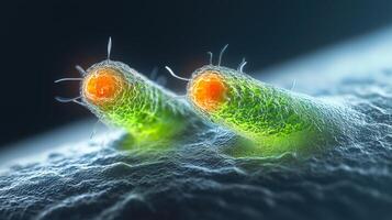 Microscopic view of bacteria with green and orange structures on dark background photo