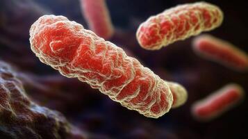Close-up view of bacteria with red and white colors under a microscope photo