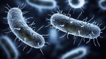 Close-up image of harmful bacteria under a microscope in a scientific background photo