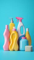 Colorful cleaning products and accessories on blue background photo