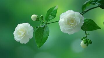 White flowering branch with delicate blossoms and green leaves on a soft background photo