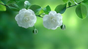 White gardenia flowers on branches with green background photo