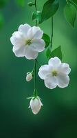 Delicate white flowers hanging with green leaves and blurred background photo