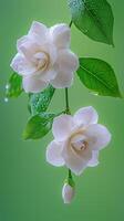 Close-up of white gardenia flowers with green leaves and water droplets photo