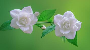 Beautiful gardenia flowers with drops on fresh leaves over green background photo