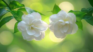 Delicate white gardenia flowers on a lush green background photo