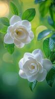 Delicate white gardenia flowers on a green background photo