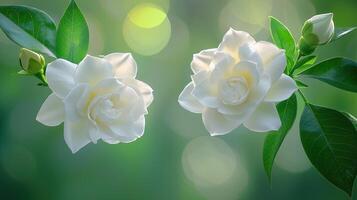 White gardenia flowers with green leaves on a soft focus background photo