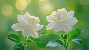 Two white gardenia flowers with green leaves on a soft focus background photo