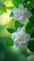 Close-up of delicate white gardenia flowers with green leaves photo