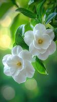 Close-up of white gardenia flowers with lush green leaves against a soft background photo