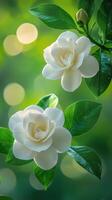Beautiful white gardenia flowers with green leaves on a soft bokeh background photo