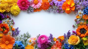 Colorful floral frame with various flowers on a white background photo