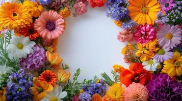 Colorful floral frame with various types of flowers on a white background photo