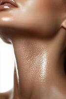 Close-up of glowing skin on a female neck with smooth texture photo