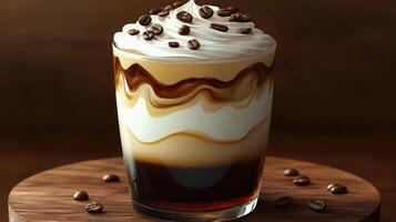 Delicious layered coffee dessert in transparent glass cup photo