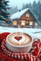 Heart-shaped foam on hot chocolate with a cozy cabin in the snowy background photo