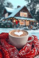 Hot cocoa with heart design on foam beside cozy winter cabin photo