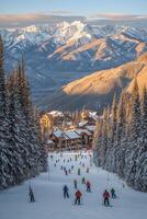 Skiers enjoying slopes in majestic mountain resort during sunset photo