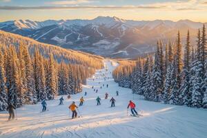 Skiers enjoying a bright sunset at a popular mountain resort photo