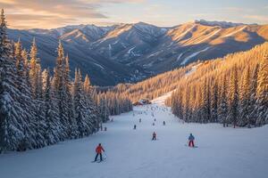 Skiers enjoying a beautiful winter day on the slopes of a snow-covered mountain photo