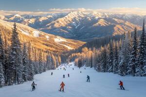 Skiers navigating snowy slopes in a mountainous landscape at sunset photo