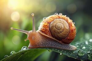 Snail on a green leaf with water droplets photo
