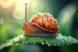 Close-up of snail with water droplets on green leaf in soft focus photo
