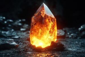 Glowing orange crystal on dark textured surface photo
