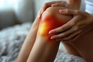 Close-up of a woman's hands on her knee, depicting swelling and inflammation in the knee joint photo