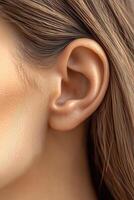 Close-up of female ear with smooth skin and flowing hair on a neutral background photo