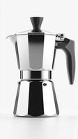 Classic silver moka pot coffee maker with black handle on white background photo