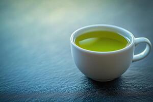 Close-up of a white cup filled with green tea on a dark surface photo