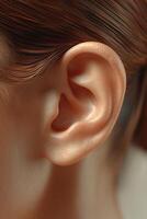 Detailed close-up of a human ear showcasing intricate anatomical features photo