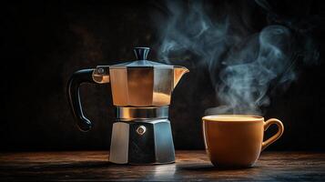 Classic moka pot with smoky coffee cup on rustic wooden table photo