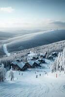 Winter ski resort scene with snow-covered trees and skiers on slopes photo