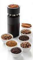 Black spice grinder surrounded by various spices in white bowls on a light background photo