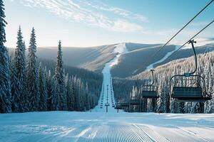Scenic snow-covered ski resort with empty chairlifts and majestic pine trees photo