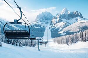 Scenic winter landscape with ski lift and mountains covered in snow photo