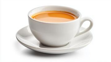 Close-up of a white coffee cup with hot orange tea on a saucer photo