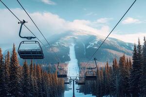 Winter ski resort chairlift with snowy mountain and pine trees in the background photo