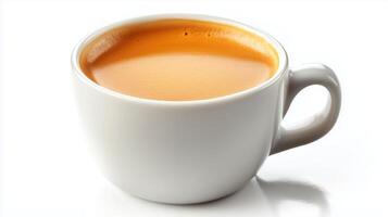 Close-up of a white coffee cup filled with rich, brown coffee on a white background photo