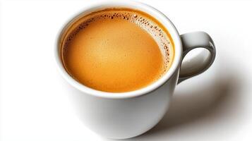 Close-up of a steaming cup of coffee with a creamy froth and golden-brown color photo