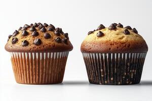 Delicious chocolate chip cupcakes side by side on a clean white background photo