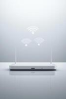 Modern wireless router with wi-fi signal icon representations on gray background photo