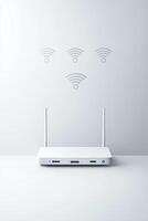 Modern white wi-fi router with signal bars on a minimalist background photo